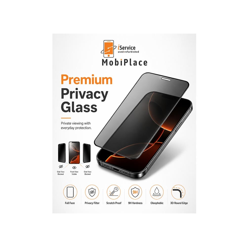 MobiPlace premium privacy glass full face 9H με φίλτρο ιδιωτικότητας, scratch proof προστασία, oleophobic επίστρωση και 3D round edge εφαρμογή.
